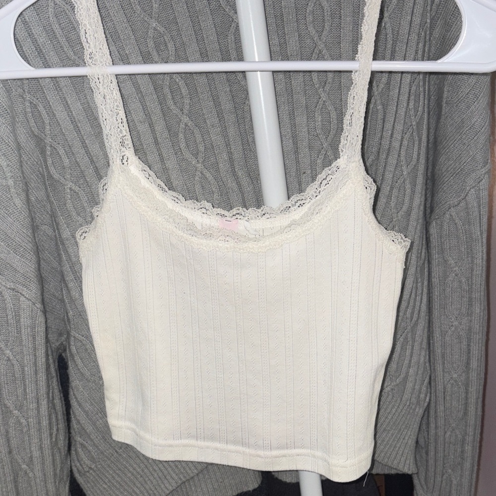 Urban Outfitters white Ribbed Lace-Trim Cropped Cami